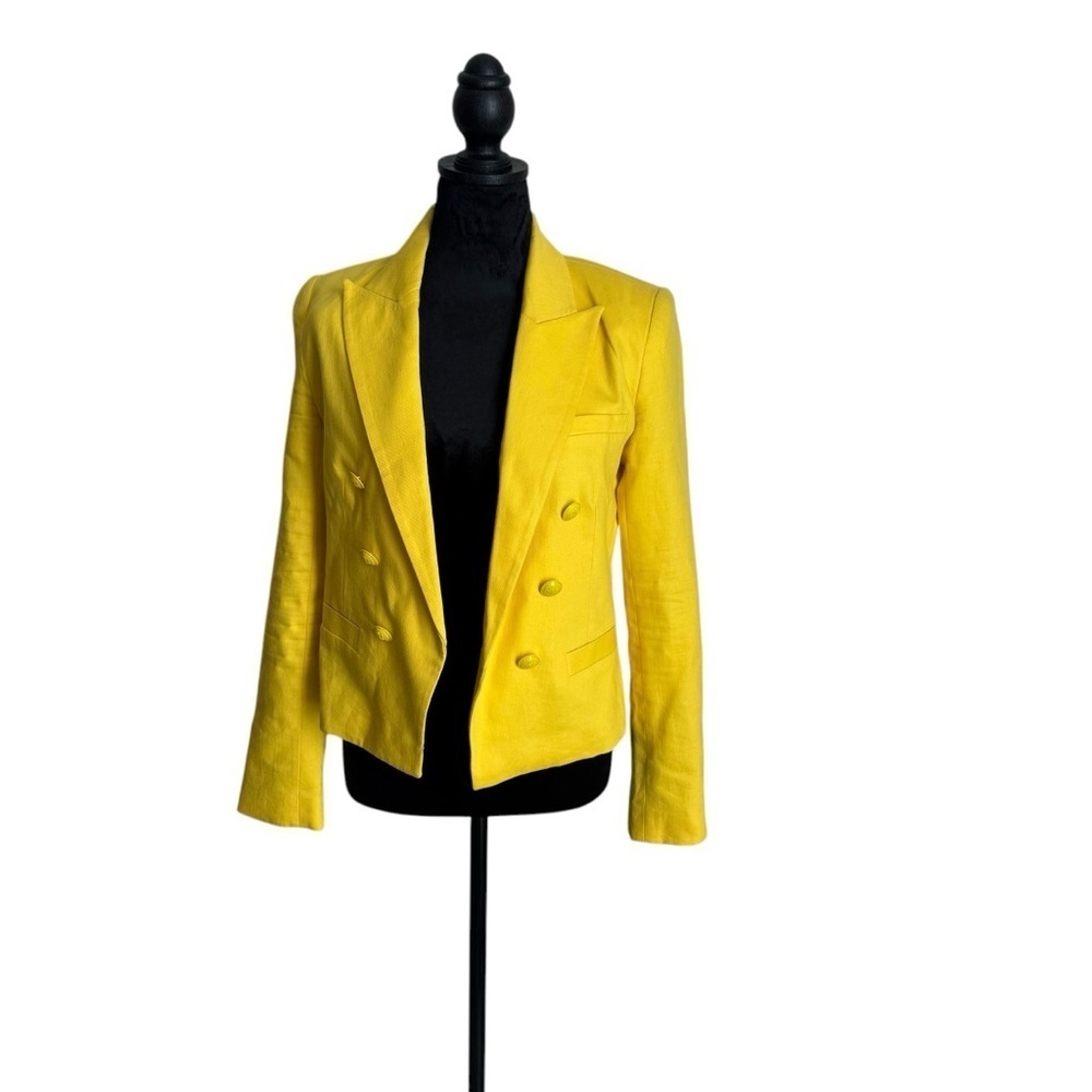 L’Agence Brooke Yellow Linen Blazer Cropped Gold Button Designer Size 2 - Picture 3 of 12
